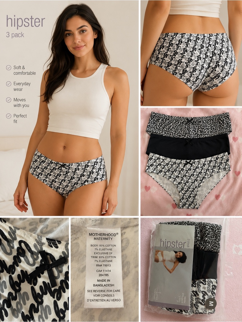 Motherhood Maternity Women's Black & White Hipster Panty 3-Pack Cotton